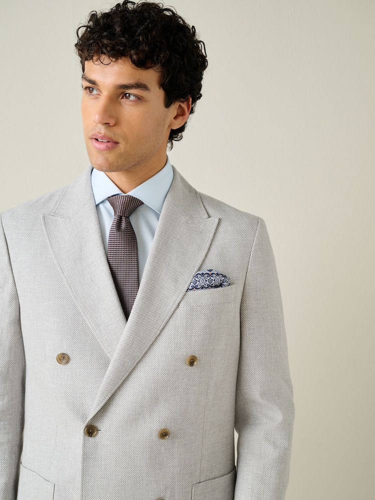 Light Grey Regular Fit Textured Linen Blend Double Breasted Blazer - Image 1 of 12
