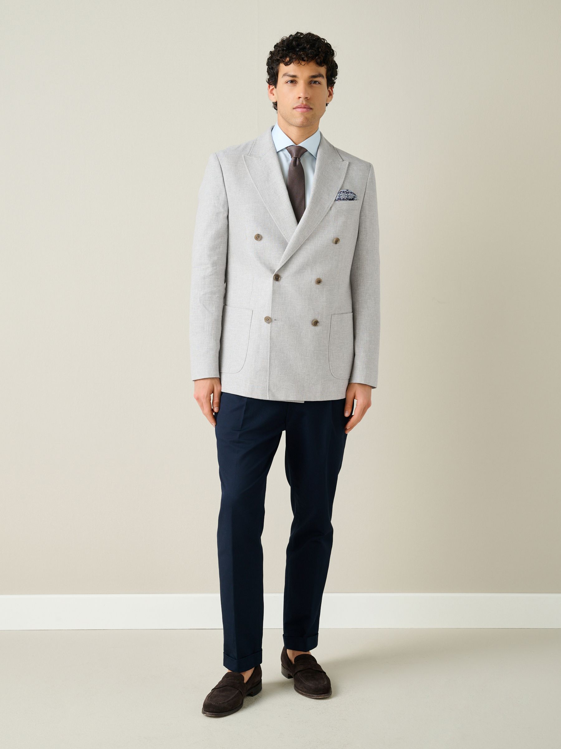 Buy Light Grey Regular Fit Textured Linen Blend Double Breasted