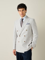 Light Grey Regular Fit Textured Linen Blend Double Breasted Blazer - Image 3 of 12