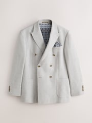 Light Grey Regular Fit Textured Linen Blend Double Breasted Blazer - Image 7 of 12