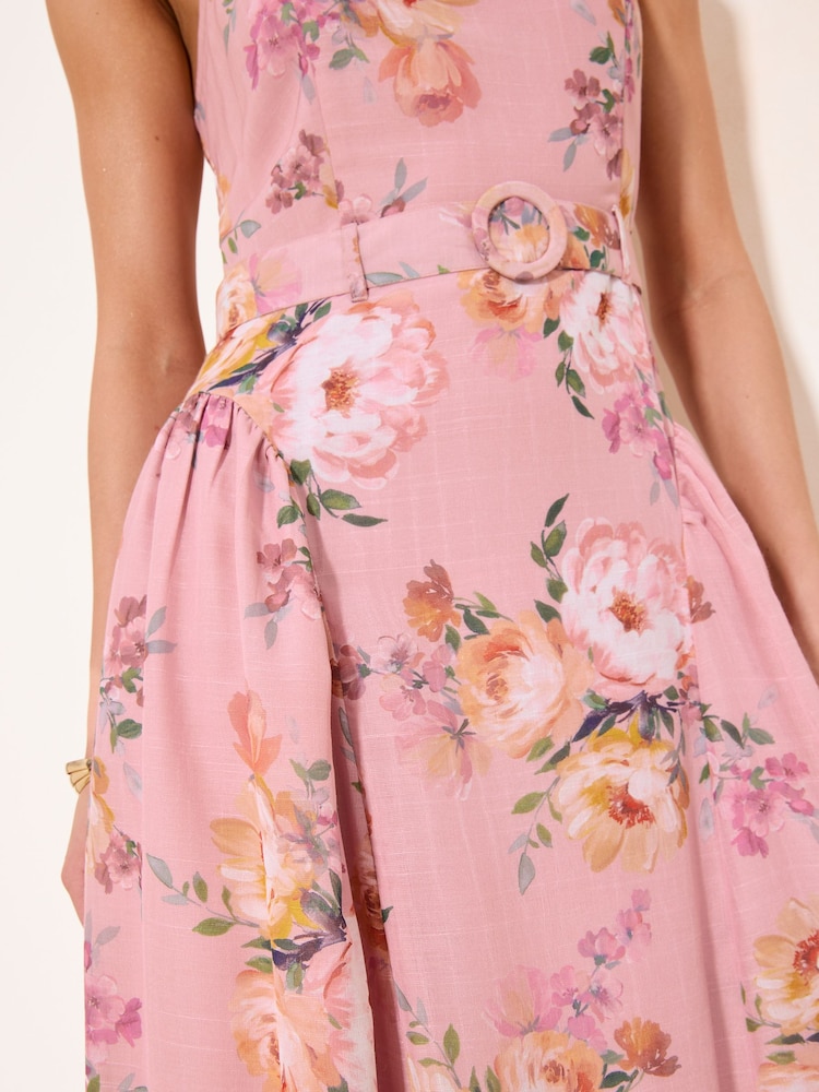 Lipsy Pink Floral Pink Floral Strappy Historic Waist Midi Dress - Image 2 of 5 Lipsy Pink Floral Pink Floral Strappy Historic Waist Midi Dress - Image 2 of 5