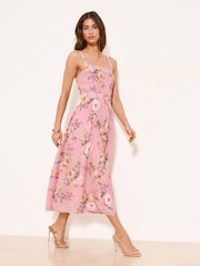 Lipsy Pink Floral Pink Floral Strappy Historic Waist Midi Dress - Image 3 of 5
