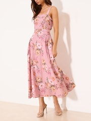 Lipsy Pink Floral Pink Floral Strappy Historic Waist Midi Dress - Image 4 of 5
