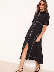 Lipsy Black Stitch Fit and Flare Midi Shirt Dress - Image 1 of 5