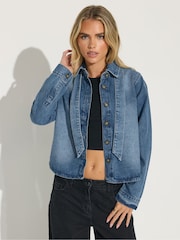 PixieGirl Petite Blue Denim Tie Neck Blouse - Image 1 of 5