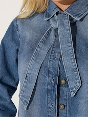 PixieGirl Petite Blue Denim Tie Neck Blouse - Image 4 of 5