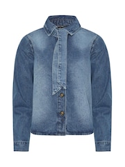 PixieGirl Petite Blue Denim Tie Neck Blouse - Image 5 of 5