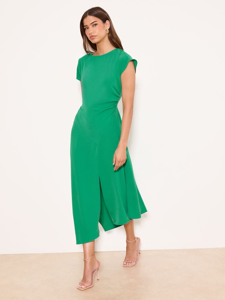 ruched split midi dress Ruched Bust Dropped Hem Side Split Midi Dress In Pink Floral Print | EGO US
