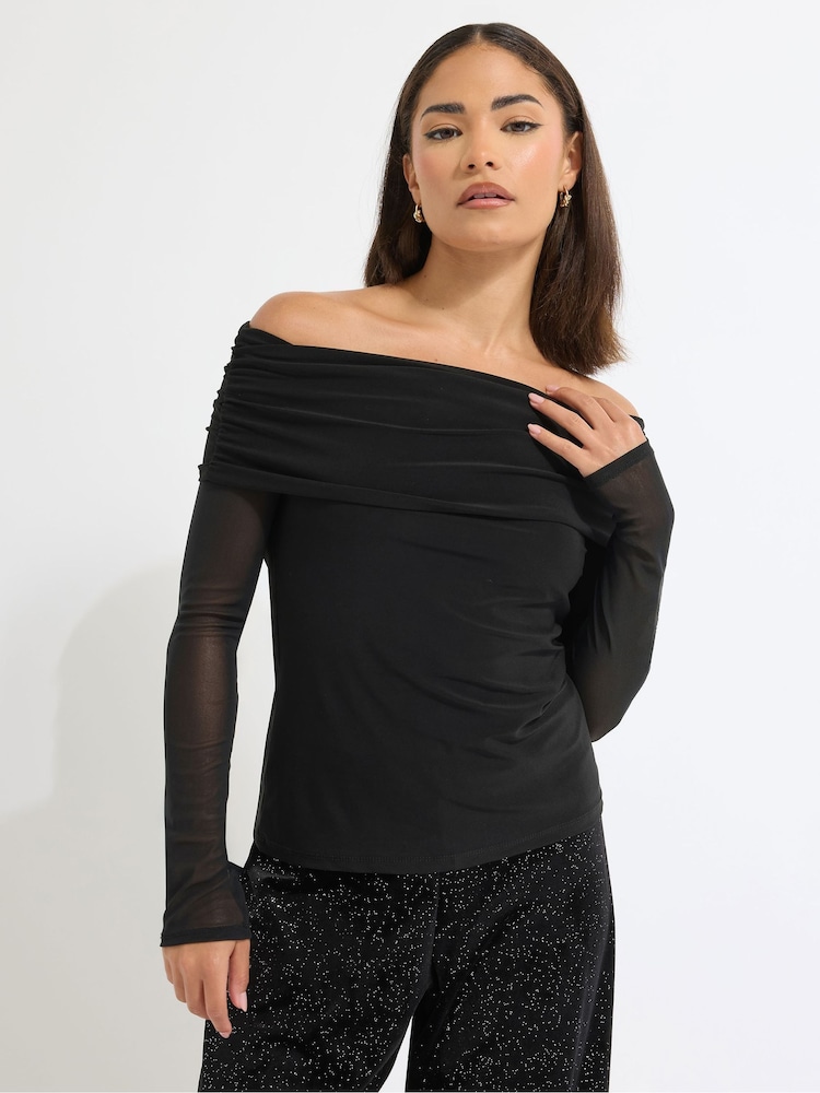 PixieGirl Petite Black Mesh Sleeve Bardot Top - Image 1 of 5