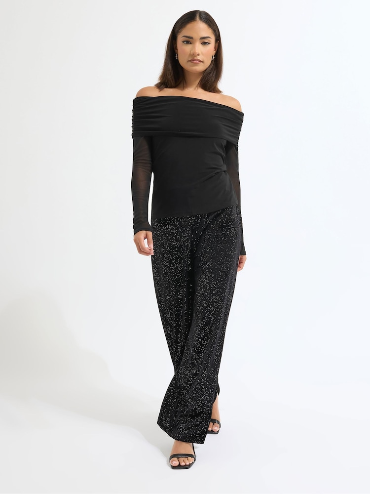 PixieGirl Petite Black Mesh Sleeve Bardot Top - Image 2 of 5