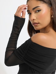 PixieGirl Petite Black Mesh Sleeve Bardot Top - Image 4 of 5