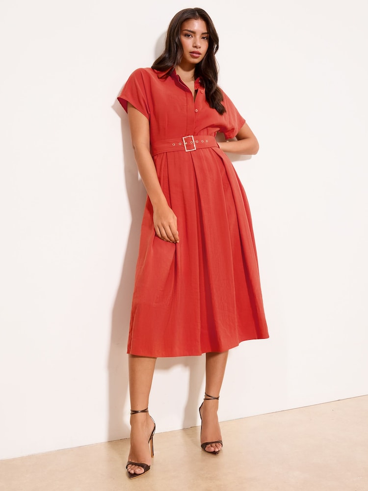 Lipsy Red Viscose Belted Collar Shirt Midi Dress - Image 1 of 4