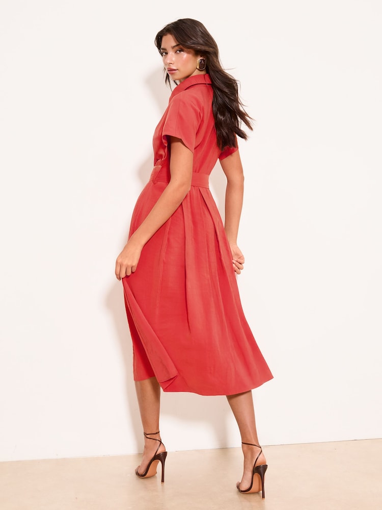 Lipsy Red Viscose Belted Collar Shirt Midi Dress - Image 4 of 4