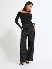 PixieGirl Petite Black Glitter Velour Wide Leg Trousers - Image 1 of 2