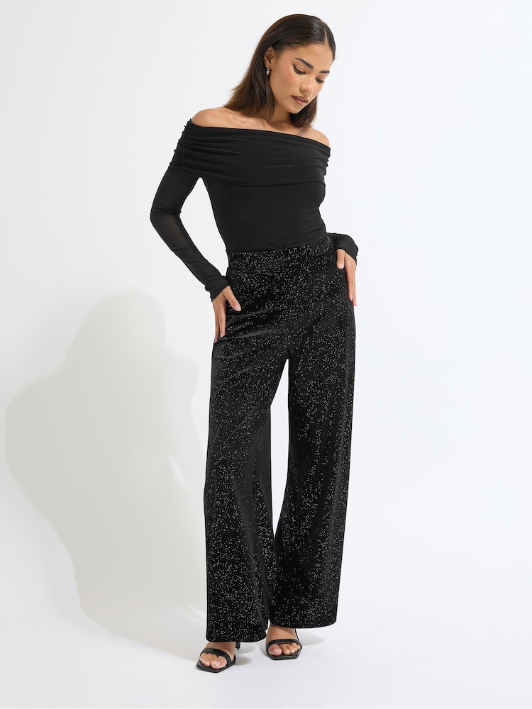 PixieGirl Petite Black Glitter Velour Wide Leg Trousers - Image 1 of 2