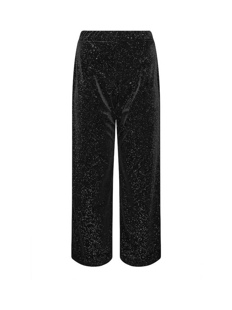 PixieGirl Petite Black Glitter Velour Wide Leg Trousers - Image 2 of 2