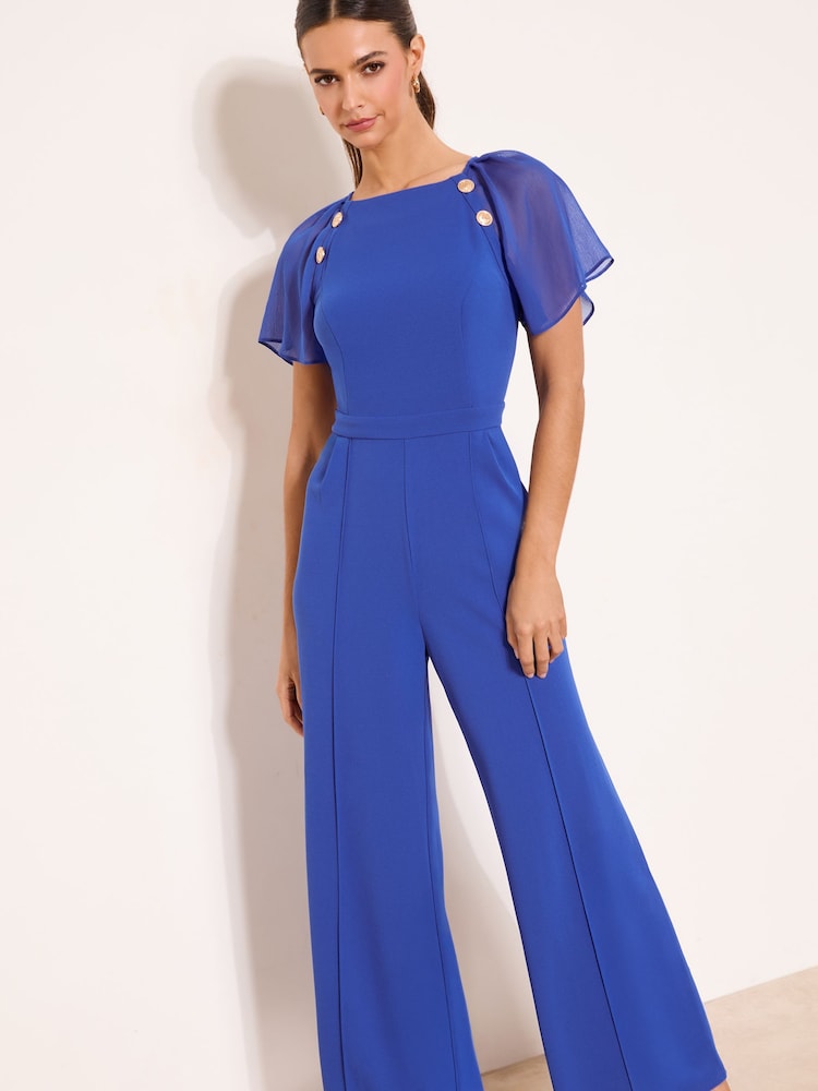 Lipsy Blue Chiffon Flutter Sleeve Miltary Button Jumpsuit - Image 1 of 4