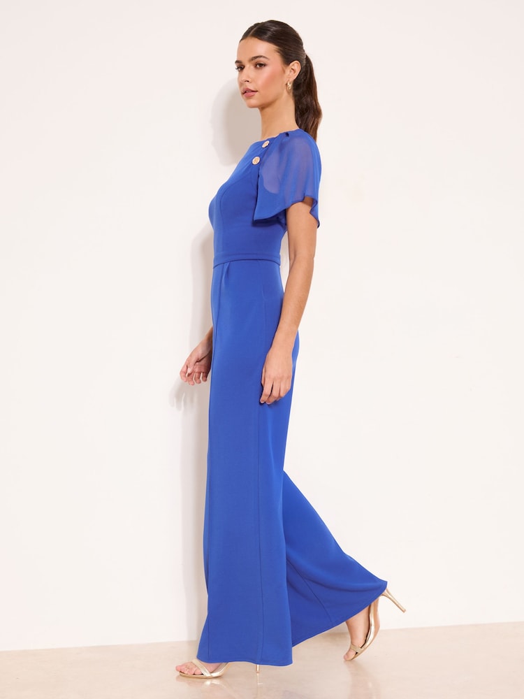 Lipsy Blue Chiffon Flutter Sleeve Miltary Button Jumpsuit - Image 2 of 4