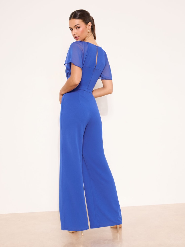 Lipsy Blue Chiffon Flutter Sleeve Miltary Button Jumpsuit - Image 4 of 4