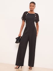 Lipsy Black Chiffon Flutter Sleeve Miltary Button Jumpsuit - Image 3 of 4