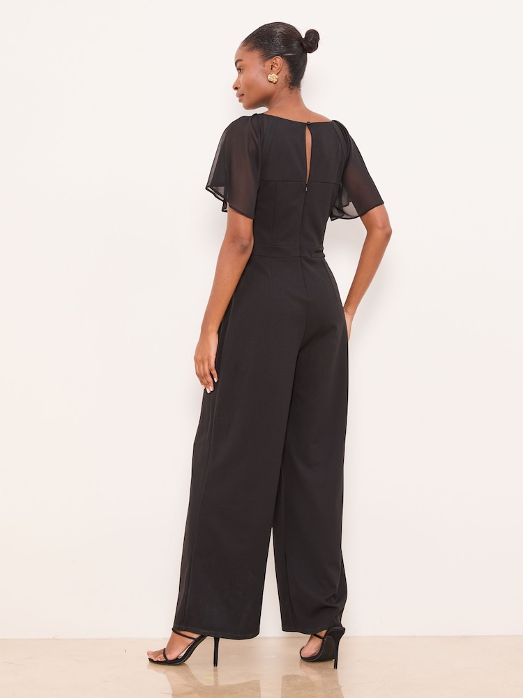 Lipsy Black Chiffon Flutter Sleeve Miltary Button Jumpsuit - Image 4 of 4