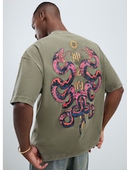 River Island Green Oversized Japanese Double Snake T-Shirt - Image 1 of 4