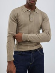River Island Grey Long Sleeve Viscose Ribbed Muscle Fit Polo Shirt - Image 1 of 4
