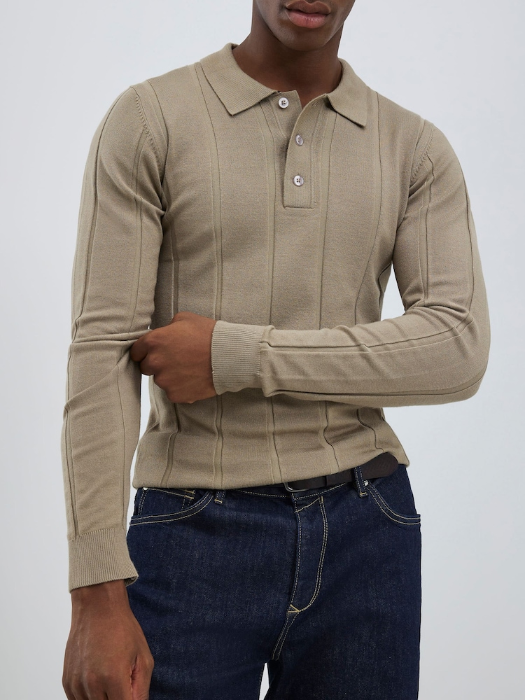 River Island Grey Long Sleeve Viscose Ribbed Muscle Fit Polo Shirt - Image 1 of 4