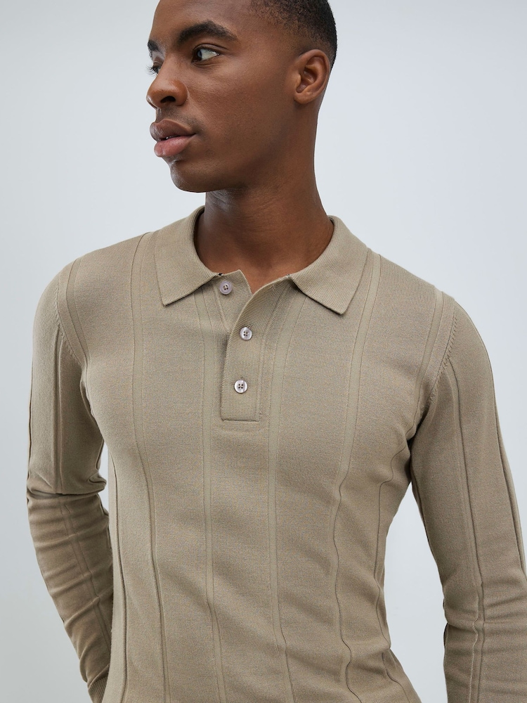 River Island Grey Long Sleeve Viscose Ribbed Muscle Fit Polo Shirt - Image 2 of 4