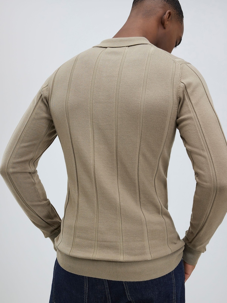 River Island Grey Long Sleeve Viscose Ribbed Muscle Fit Polo Shirt - Image 4 of 4