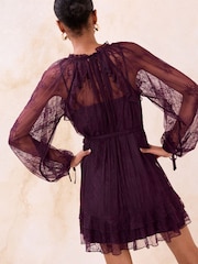 Lipsy Burgundy Red V-Neck Ruffle Mini Shift Dress - Image 1 of 4