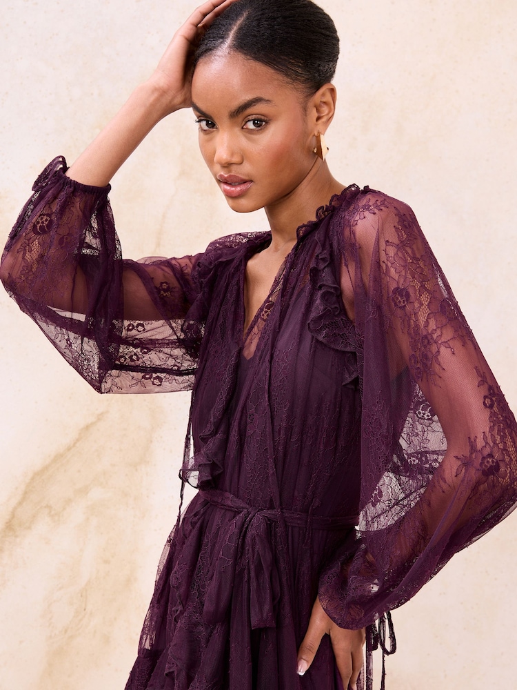 Lipsy Burgundy Red V-Neck Ruffle Mini Shift Dress - Image 2 of 4