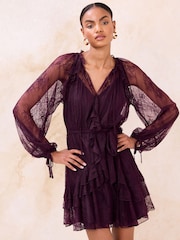 Lipsy Burgundy Red V-Neck Ruffle Mini Shift Dress - Image 3 of 4