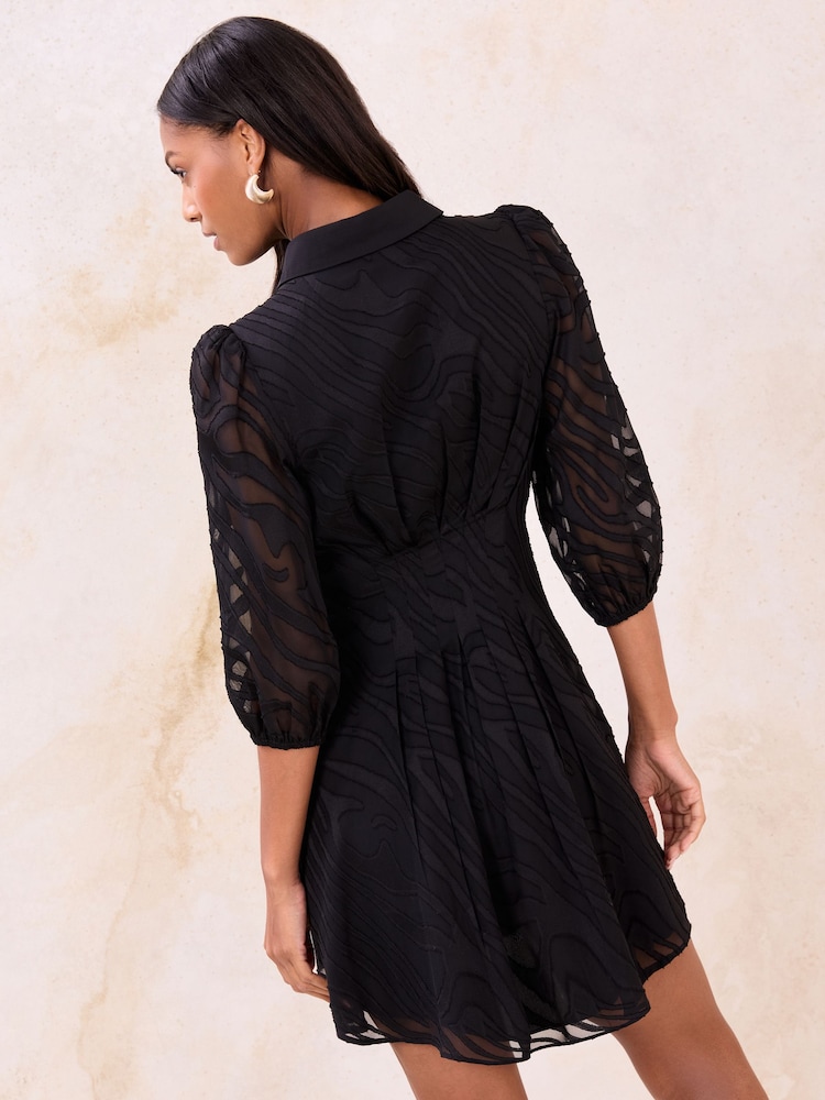 Lipsy Black Burnout Button Through Mini Shirt Dress - Image 2 of 4
