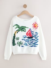 Weiß/Mehrfarbig - Baumwollpullover mit Landschaftsmotiv - Bild 6 von 8