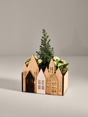 White Trio of Christmas Plants in Light Up Wooden Box - Image 1 of 6