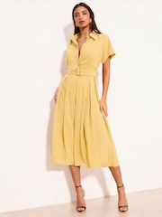 Lipsy Yellow Viscose Belted Collar Shirt Midi Dress - Image 1 of 4