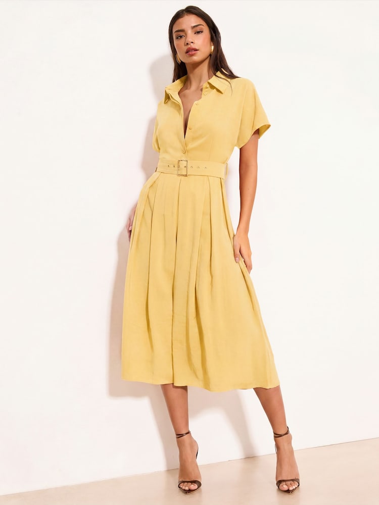 Lipsy Yellow Viscose Belted Collar Shirt Midi Dress - Image 1 of 4