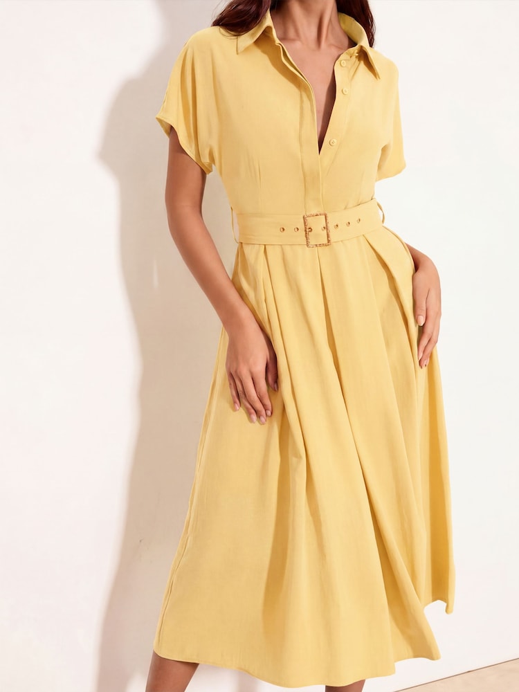 Lipsy Yellow Viscose Belted Collar Shirt Midi Dress - Image 2 of 4