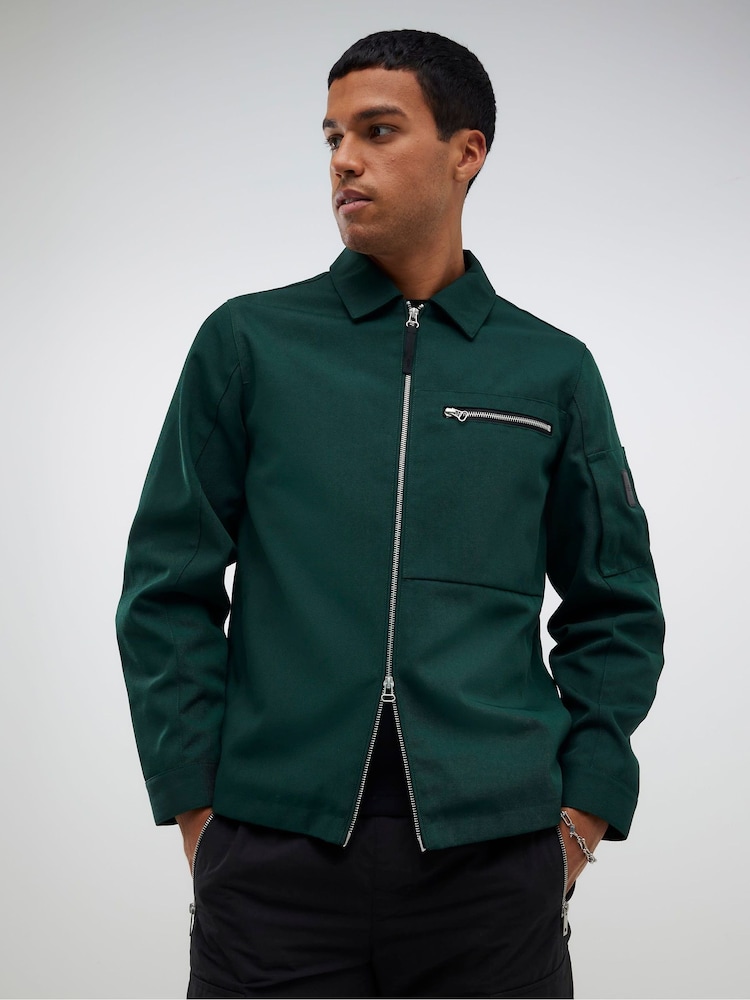 River Island Green Twill Tech Zip-Up Shacket - Image 1 of 4