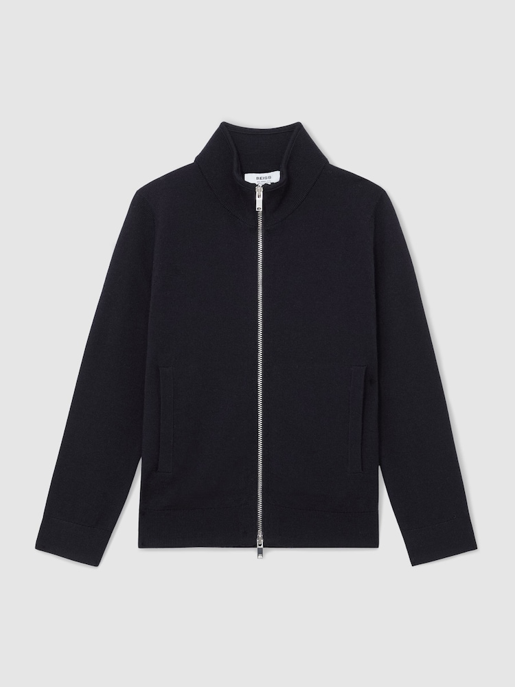 Reiss Navy Hampshire Merino Wool-Blend Zip-Through Cardigan - Image 2 of 4 Reiss Navy Hampshire Merino Wool-Blend Zip-Through Cardigan - Image 2 of 4