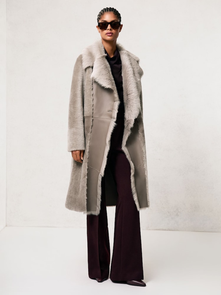 Reiss Neutral Elia Shearling And Leather Coat - Image 1 of 7 Reiss Neutral Elia Shearling And Leather Coat - Image 1 of 7