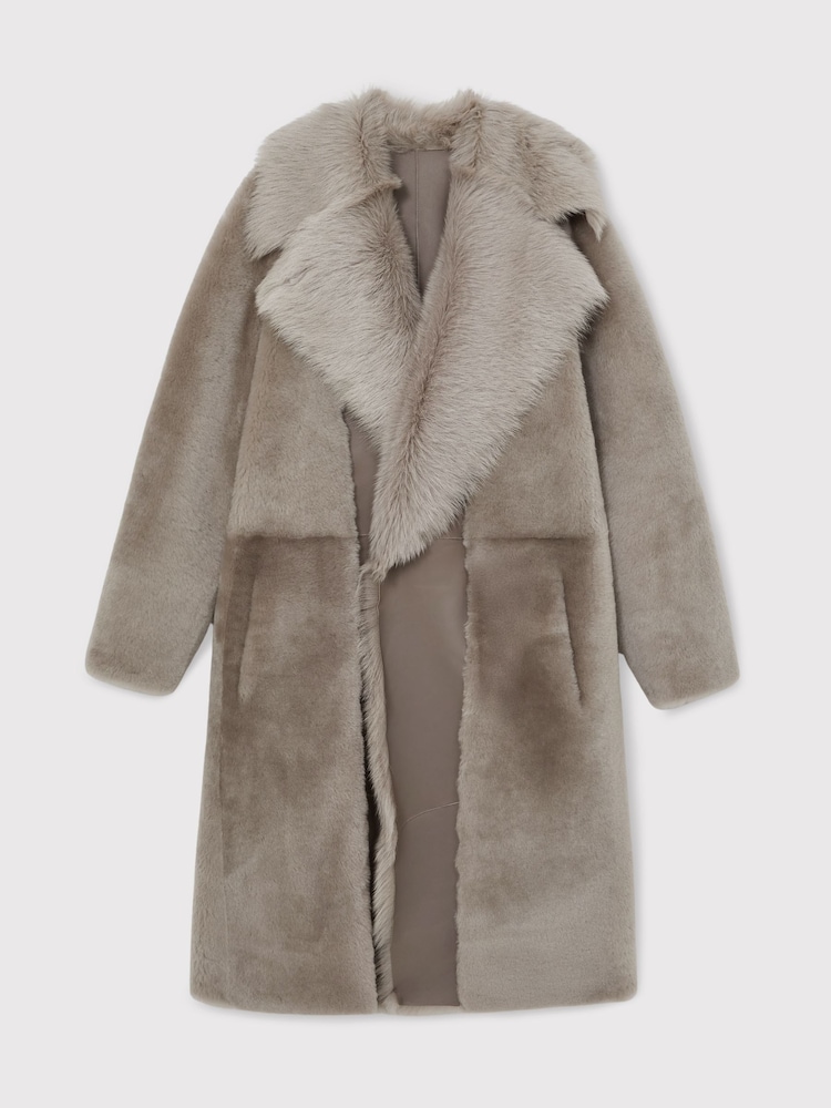 Reiss Neutral Elia Shearling And Leather Coat - Image 2 of 7 Reiss Neutral Elia Shearling And Leather Coat - Image 2 of 7