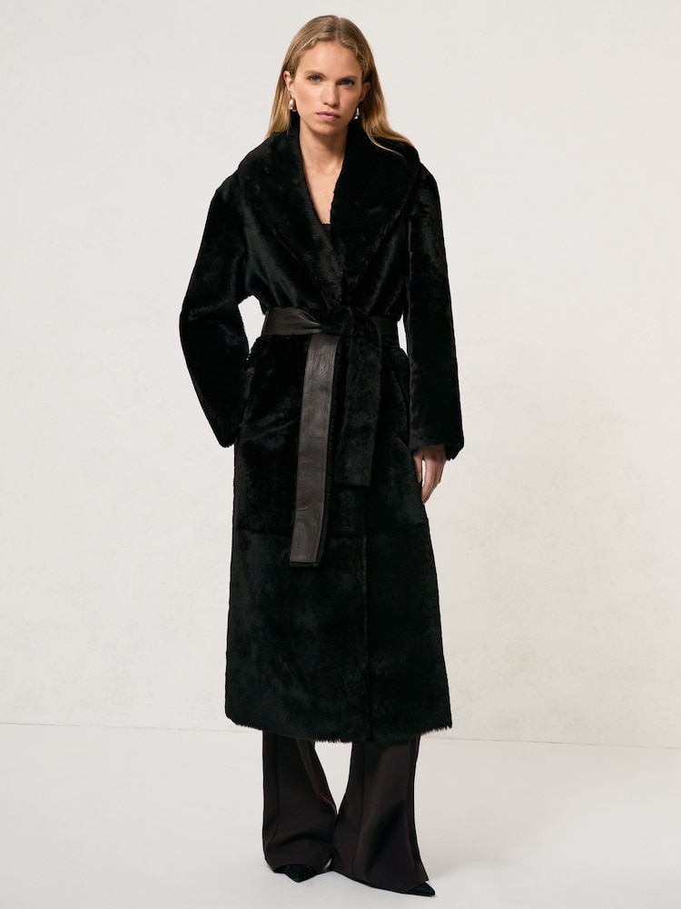 Reiss Chocolate Brown Teo Shearling Belted Coat - Image 1 of 7