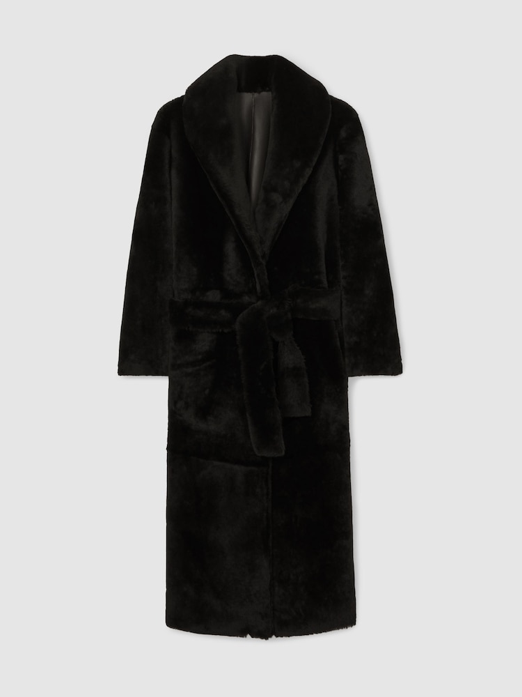 Reiss Chocolate Brown Teo Shearling Belted Coat - Image 2 of 7