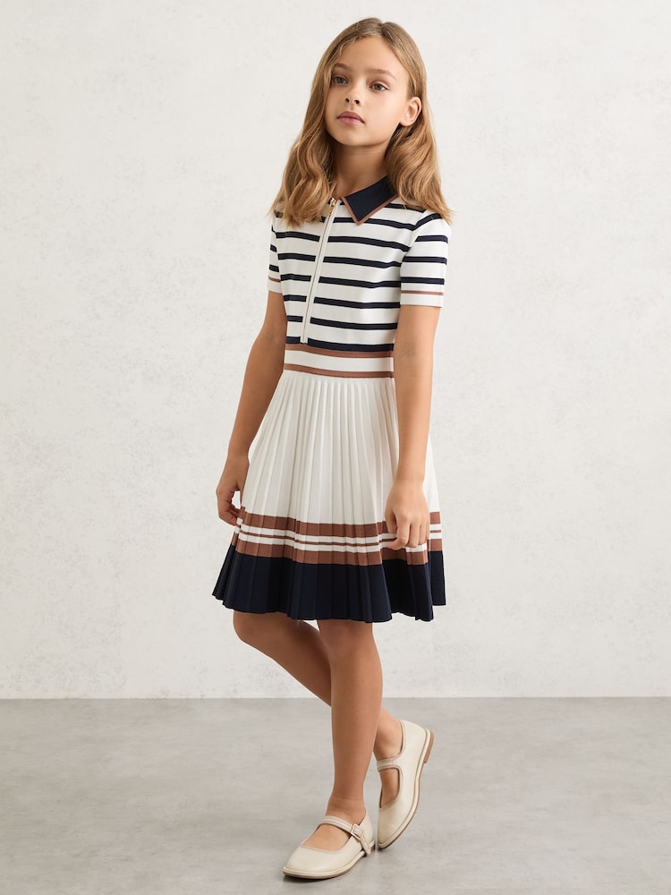 Reiss Ivory Ophelia Cotton Collared Stripe Knit Dress - Image 2 of 4 Reiss Ivory Ophelia Cotton Collared Stripe Knit Dress - Image 2 of 4