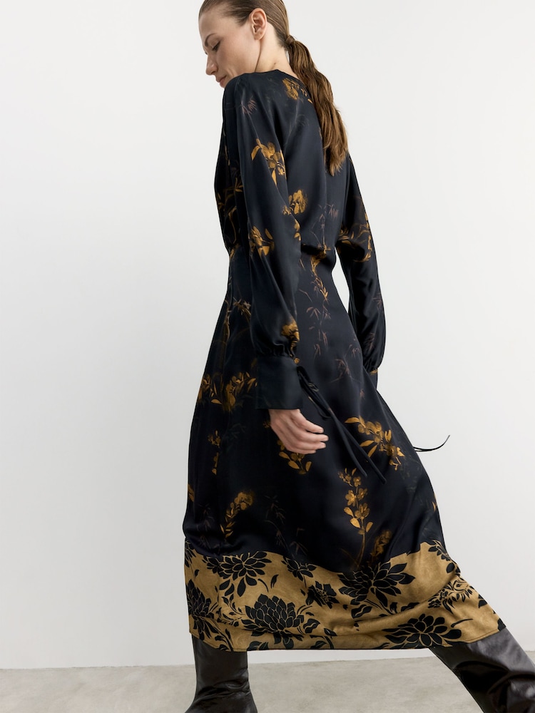 black satin floral dress Satin Floral Dress - Black