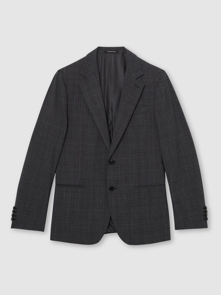 Reiss Charcoal Grey Venue Wool-Blend Single-Breasted Check Blazer Tailored-Fit - Image 2 of 9