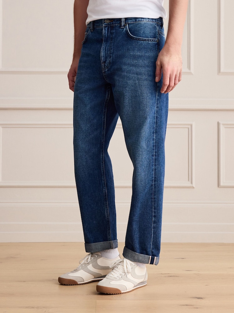 Blue Denim Straight Fit Signature Selvedge Denim Jeans - Image 1 of 7 Blue Denim Straight Fit Signature Selvedge Denim Jeans - Image 1 of 7