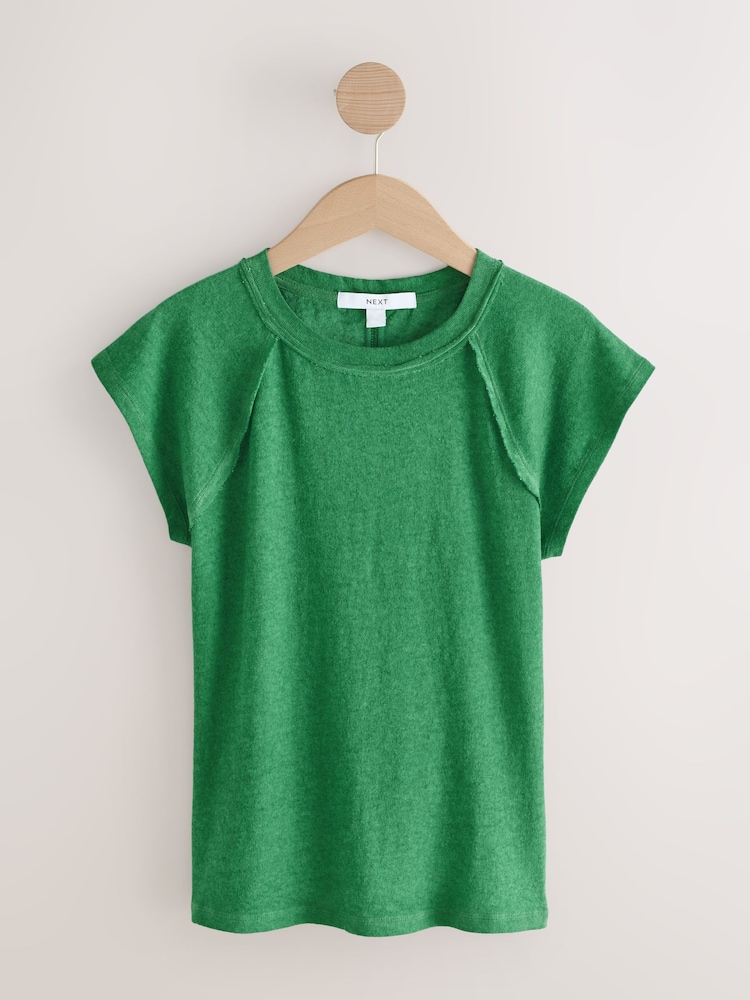 Green Raw Seam Detail Short Capped Sleeve T-Shirt - Image 1 of 3